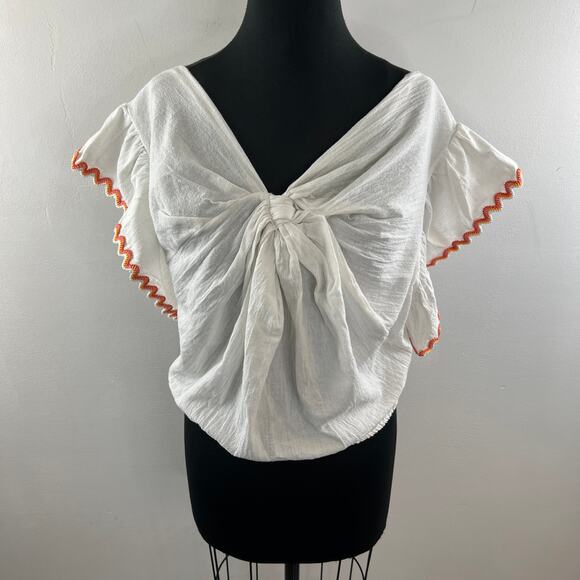 Line And Dot White Orange Top Linen Knotted Front Ruffle Sleeve Size Large L NEW - Picture 2 of 11